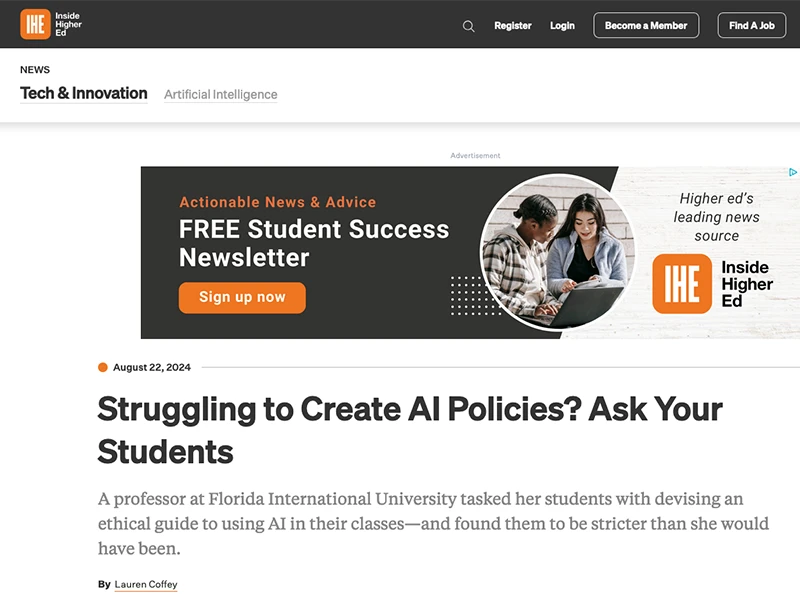 Screenshot of Inside Higher Ed's article "Struggling to Create AI Policies? Ask Your Student."