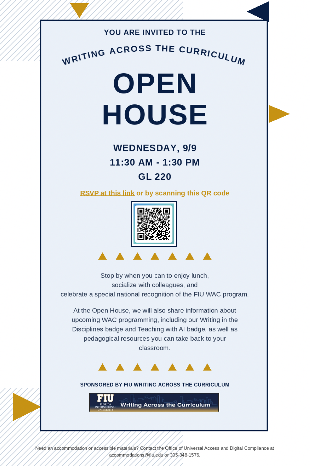 Flyer providing information on the workshop: Date is September 9. Time is 11:30-1:30. Location is on campus, room GL 220. To RSVP, scan the QR code or email wac@fiu.edu
