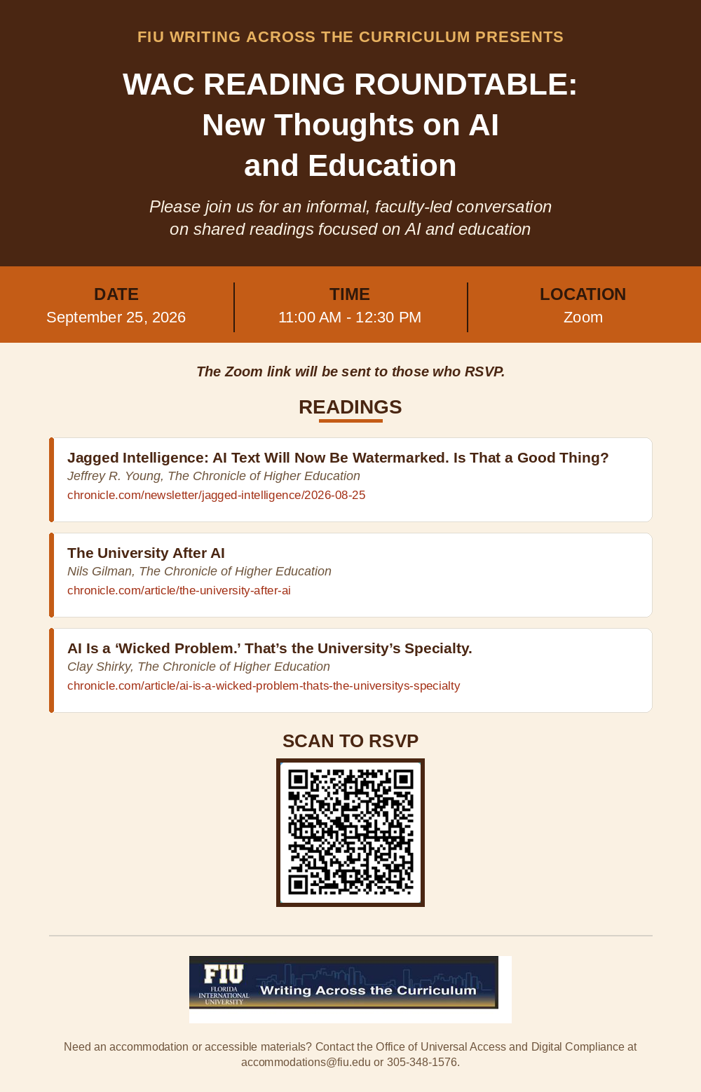 This is a flyer for a reading roundtable schedule for September 25 at 11:00 am on Zoom. To RSVP, faculty can email wac@fiu.edu.