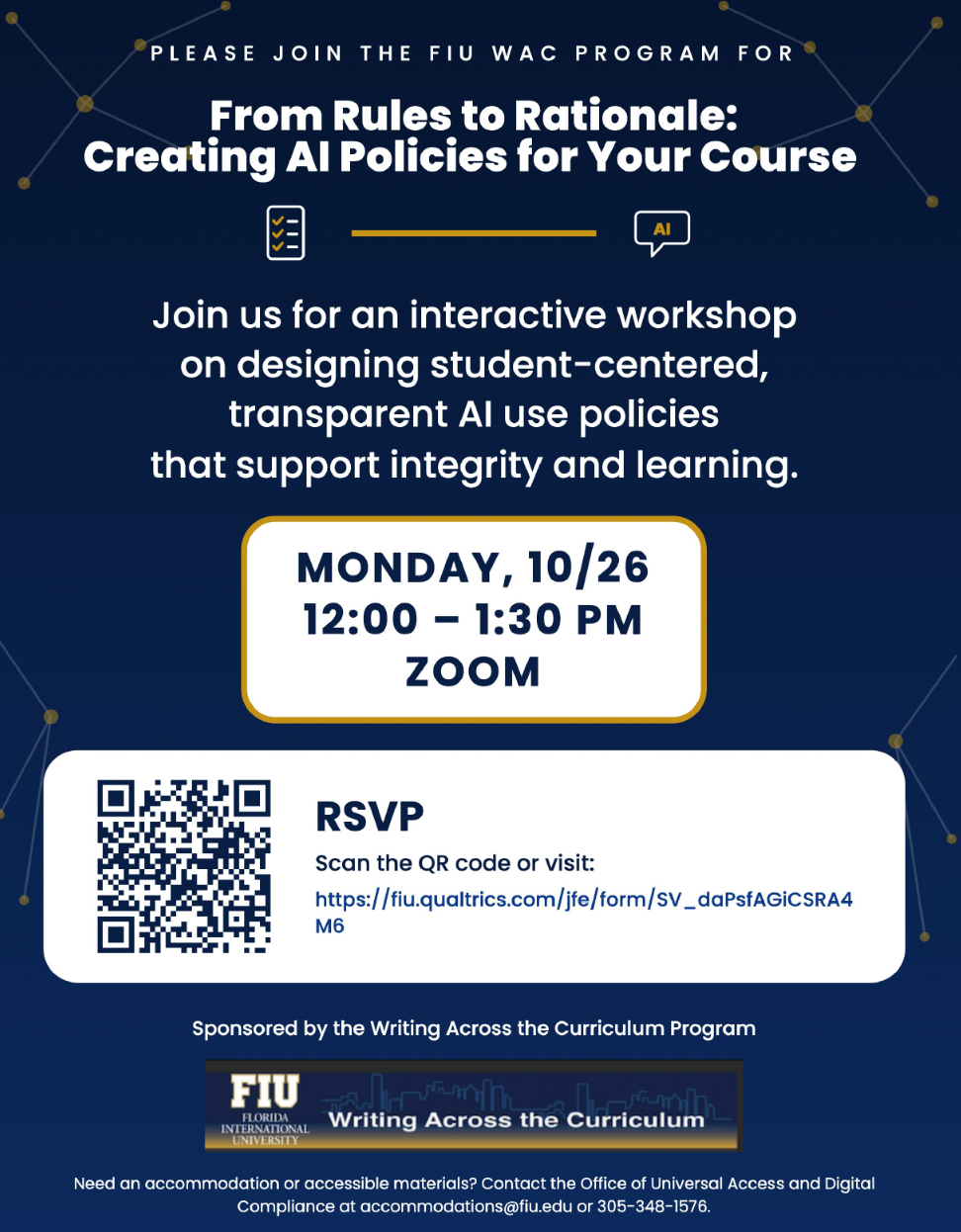This is a flyer for "From Rules to Rationale: Creating AI Policies For Your Course." The workshop will take place on Zoom on October 26 from 12-1:30 pm.