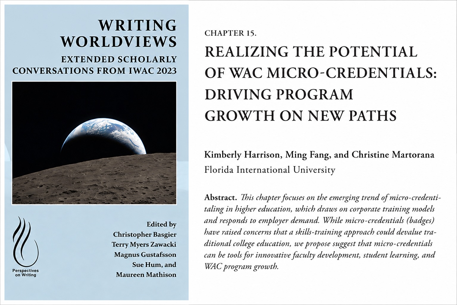 A photo of the book cover for Writing Worldviews and the title of our chapter: "Realizing the Potential of WAC Micro-Credentials."