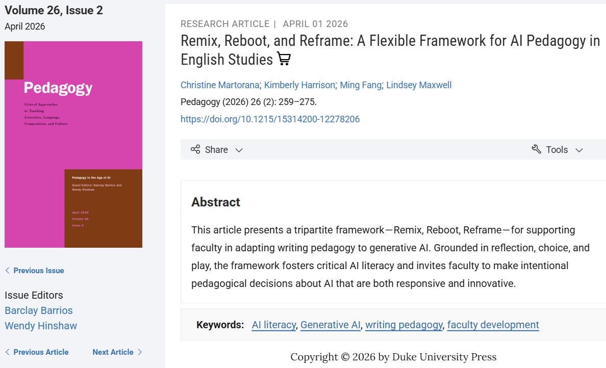 A photo of the journal cover Pedagogy and the title of our article: "Remix, Reboot, and Reframe."