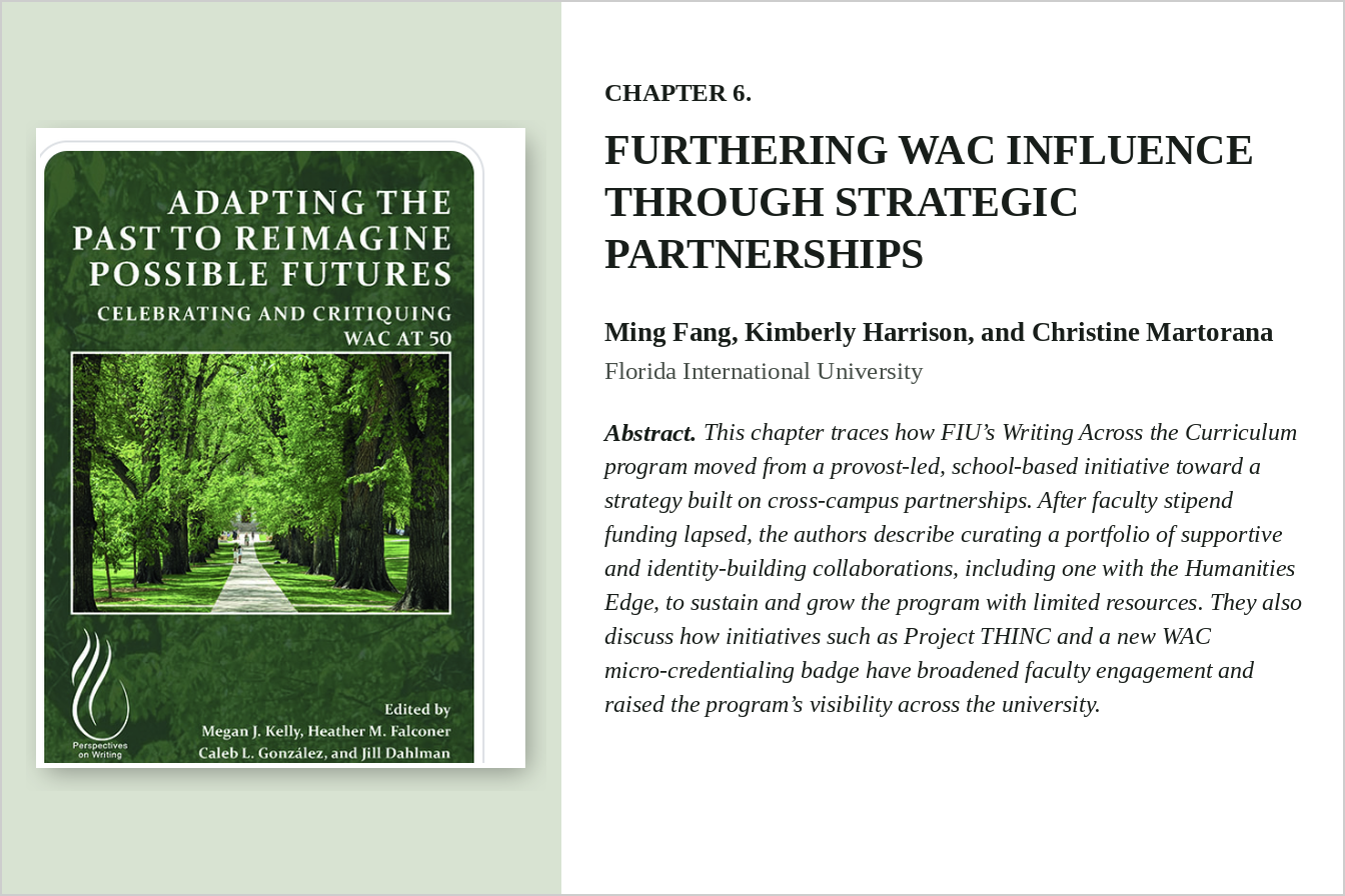 A photo of the book cover for Adapting the Past to Reimagine Possible Futures and the title of our chapter: "Furthering WAC Influence Through Strategic Partnerships.""