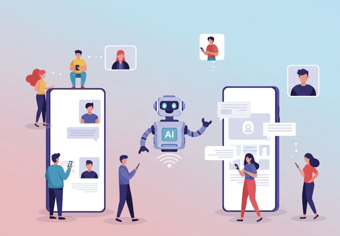 Cartoon graphic featuring people walking around two cell phones and an AI robot